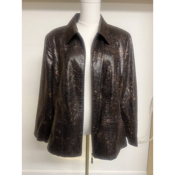 Womens Kim Rogers Jacket PL Brown Reptile Zippered Collared Faux Pockets - Picture 4 of 12